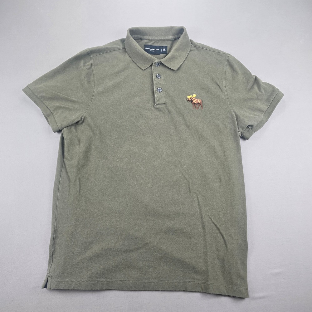 Abercrombie & Fitch Mens L Olive Green Stretch Pique Polo Shirt Moose Logo
